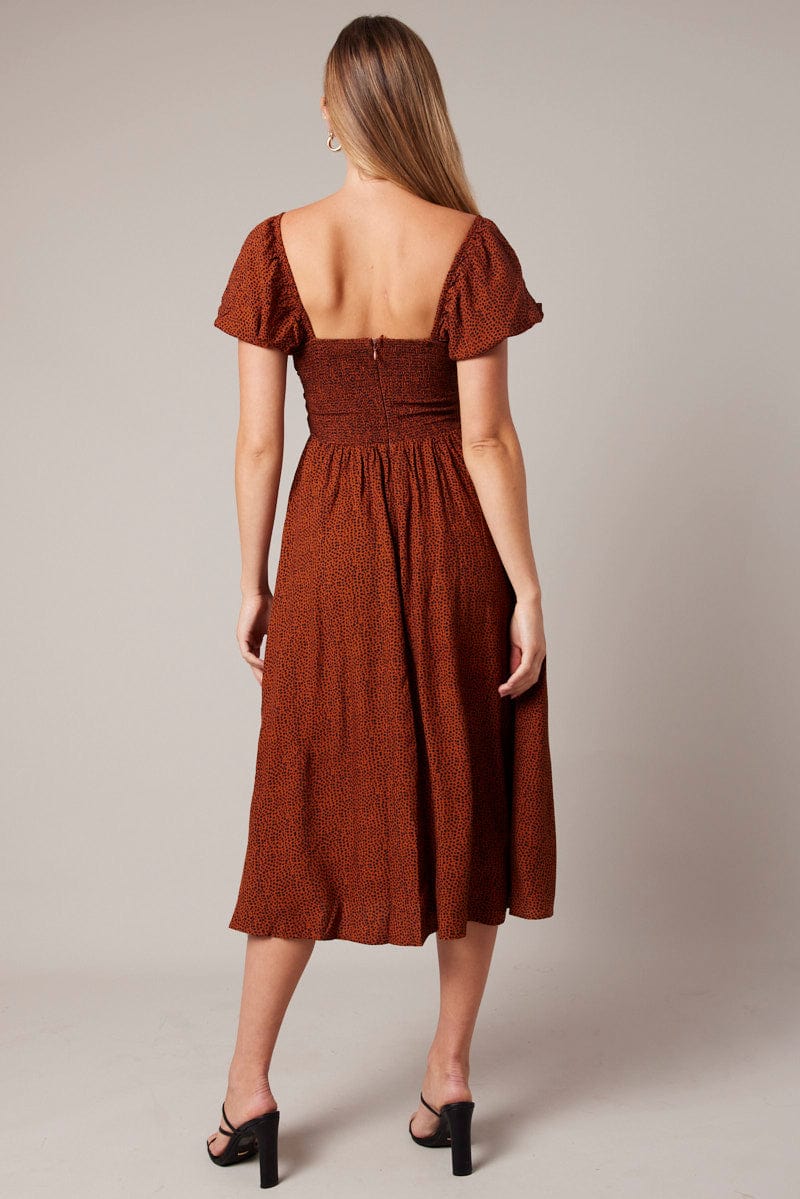 Brown Geo Midi Dress Short Sleeve Ruched Bust