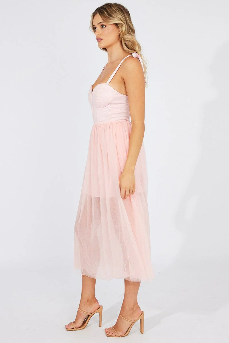 Pink Midi Dress Tulle Corset Detail Occasion Dress