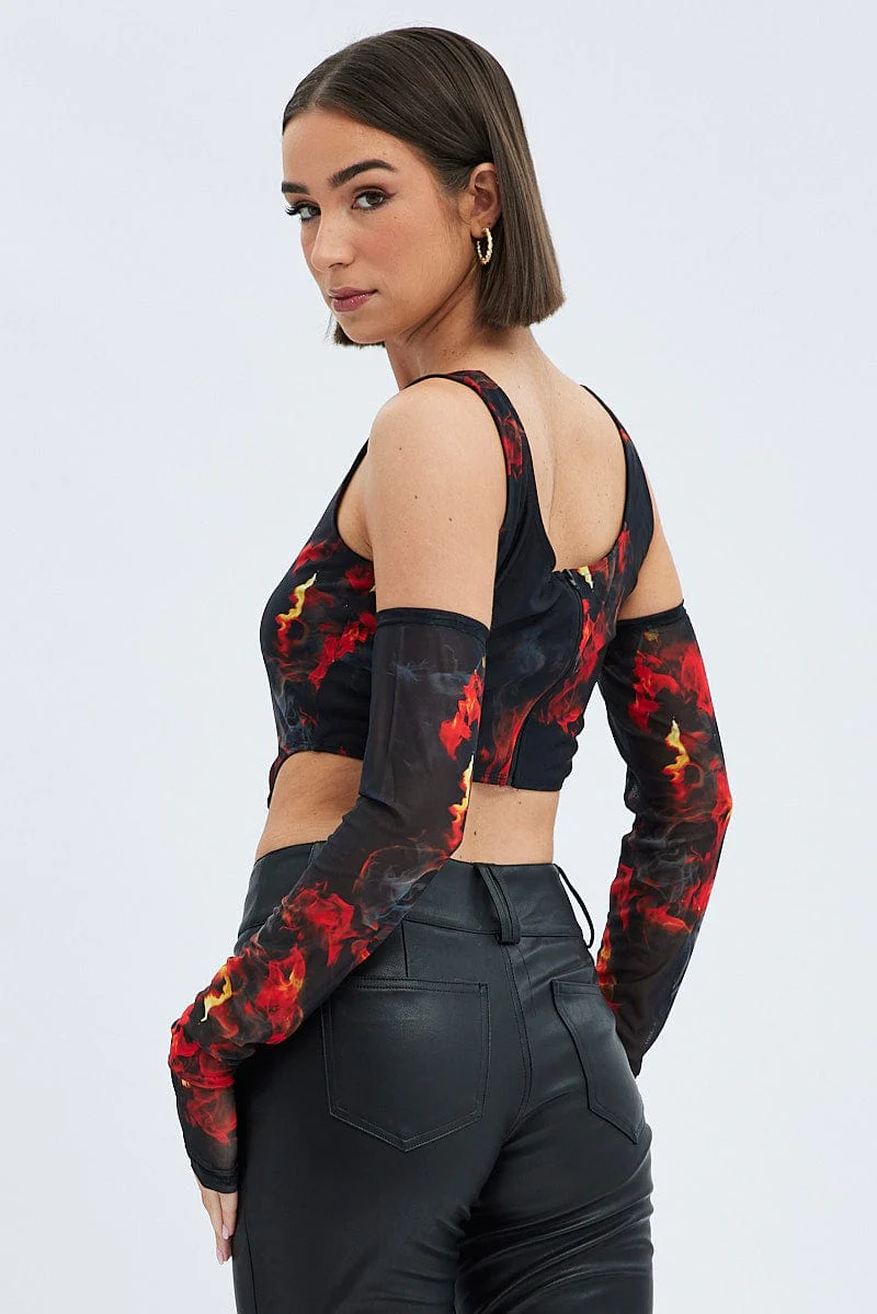 Multi Print Corset & Long Sleeve Set Scoop Neck Semi-Crop Mesh
