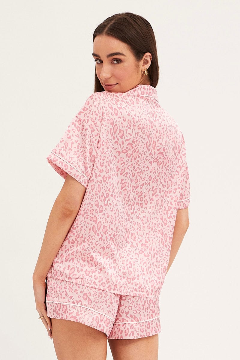 Pink Animal Print Pyjamas Set Short Sleeve Collared Shorts Satin