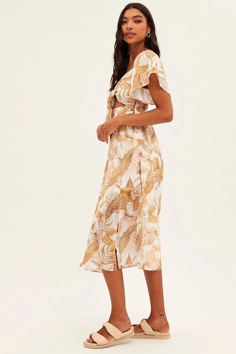 Beige Floral Midi Dress Square Neck Short Sleeve