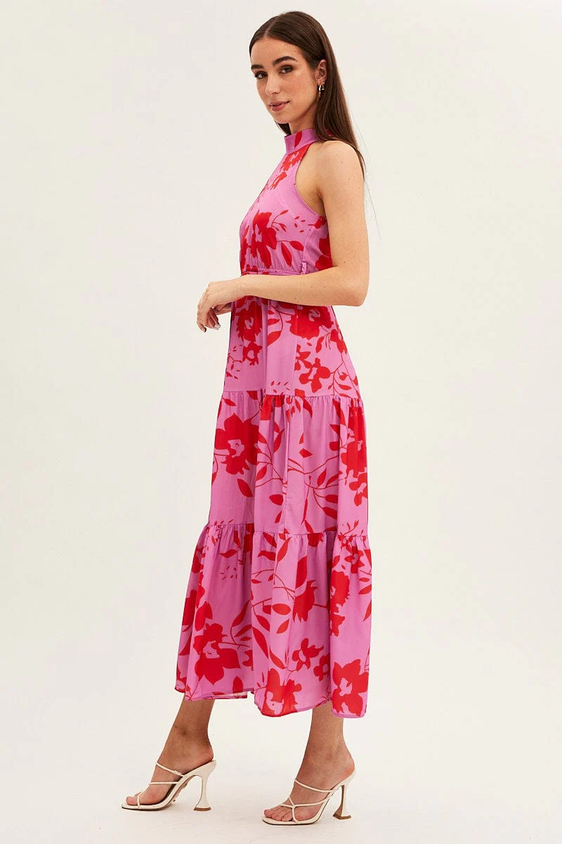 Pink Floral Halter Neck Floral Maxi Dress