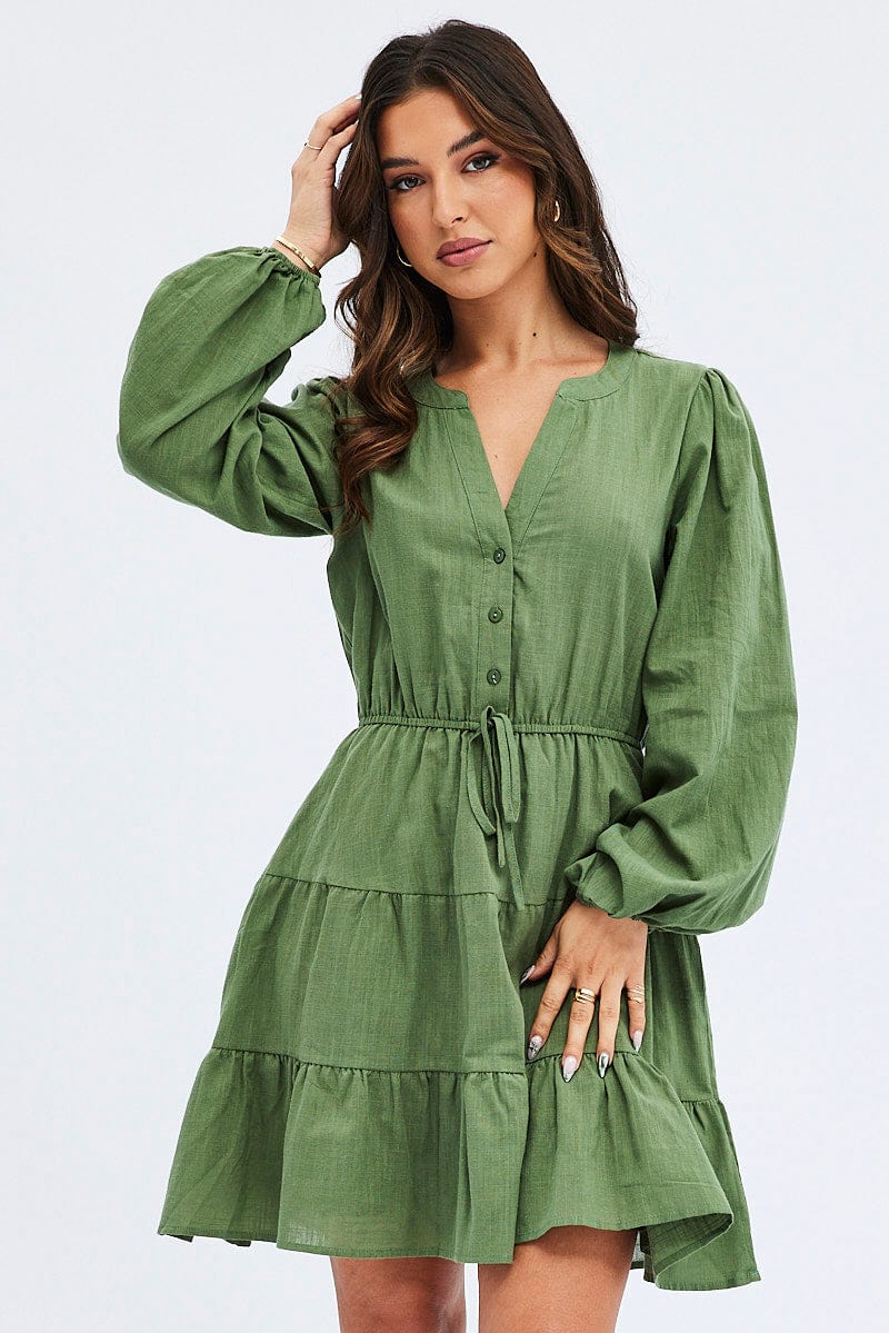 Green Shirt Dress Long Sleeve Tiered