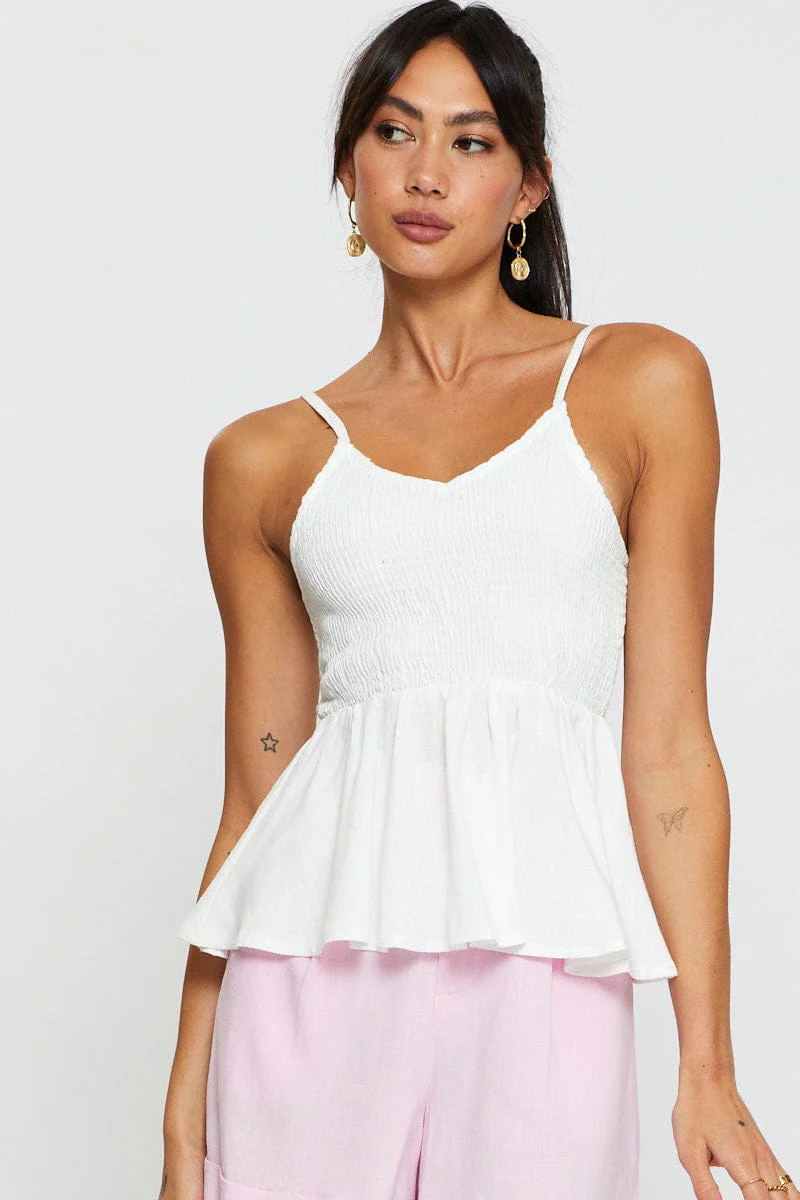 White Peplum Top Sleeveless V-Neck