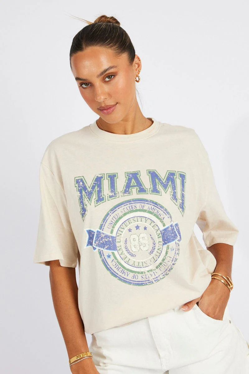 Beige Graphic Tee Short Sleeve