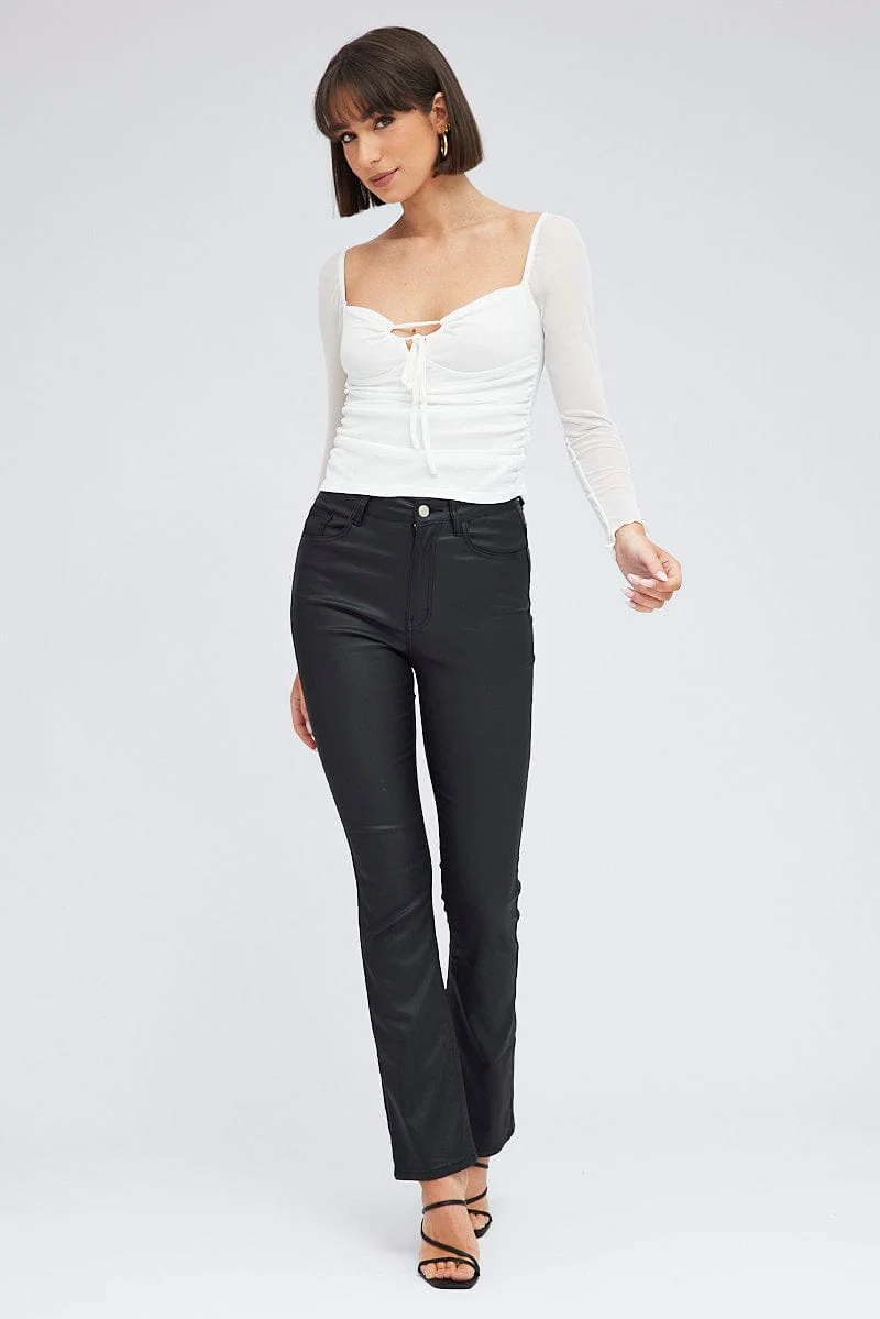 White Top Long Sleeve Sweetheart Keyhole Ruched Mesh