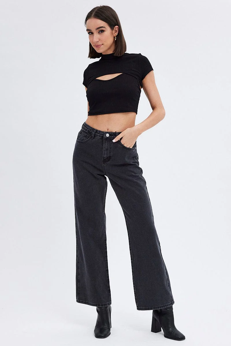 Grey Wide Leg Denim Jeans High rise
