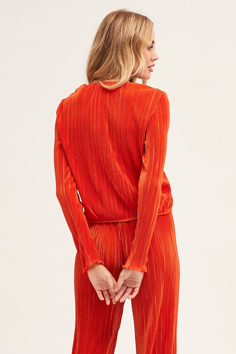 Orange Plisse Top Tie Front Long Sleeve