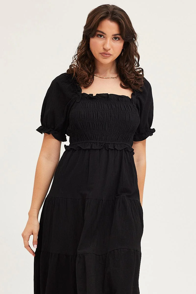 Black Shirred Dress Puff Sleeve Maxi