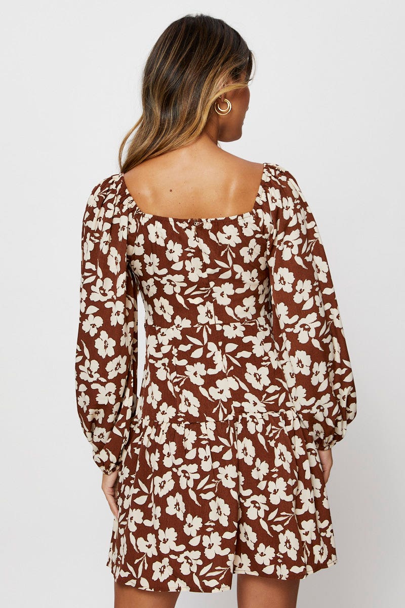 Print Fit And Flare Dress Long Sleeve Scoop Neck