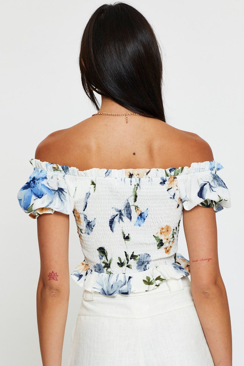 Print Crop Top Off Shoulder