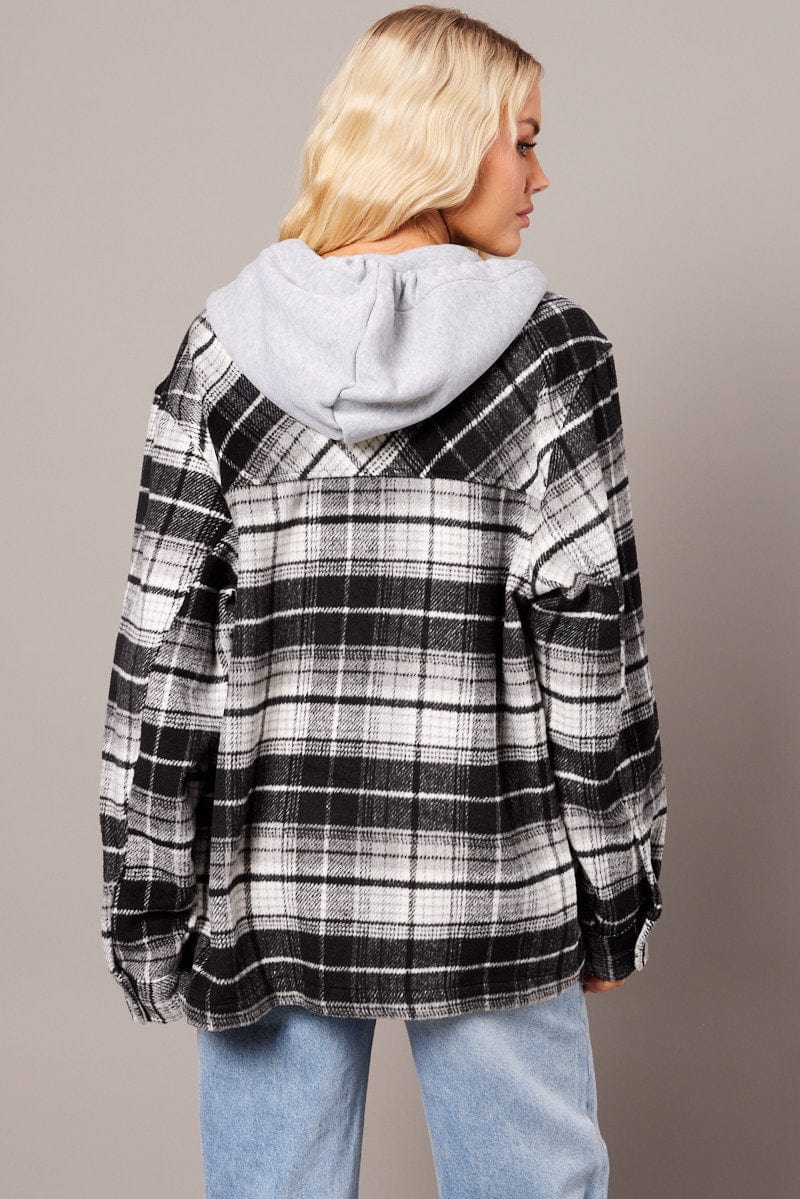Black Check Hoodie Shacket Long Sleeve
