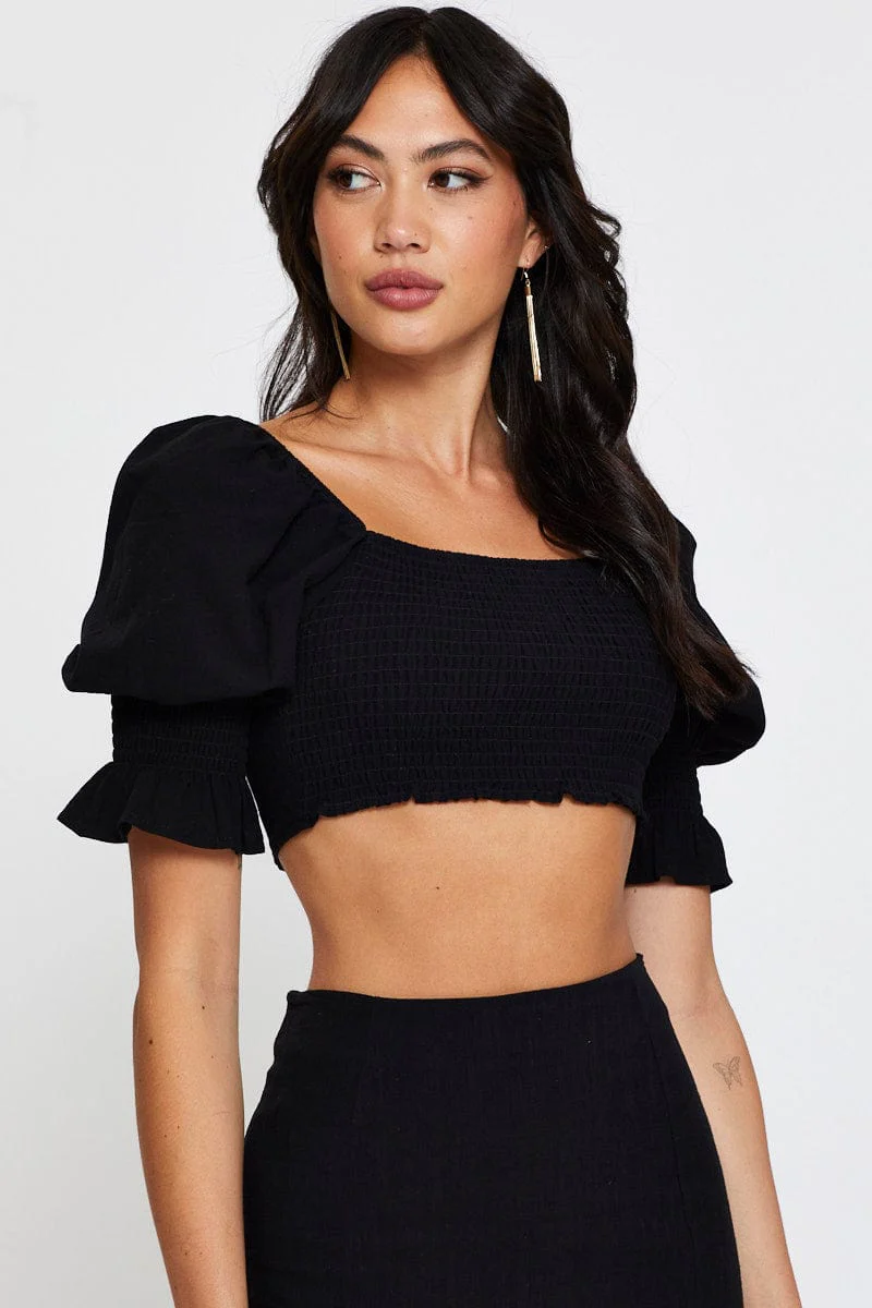 Black Crop Top Short Sleeve Round Neck