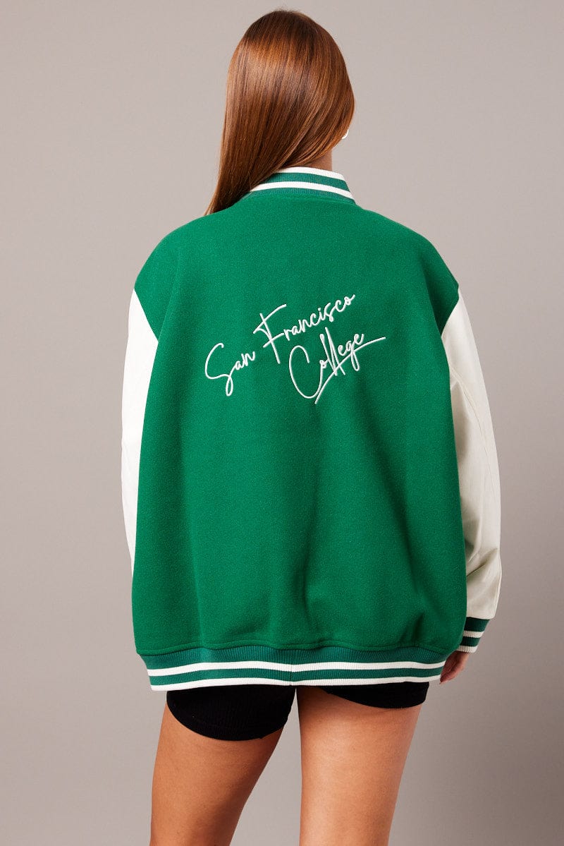 Green Varsity Jacket Long Sleeves Embroidery Details