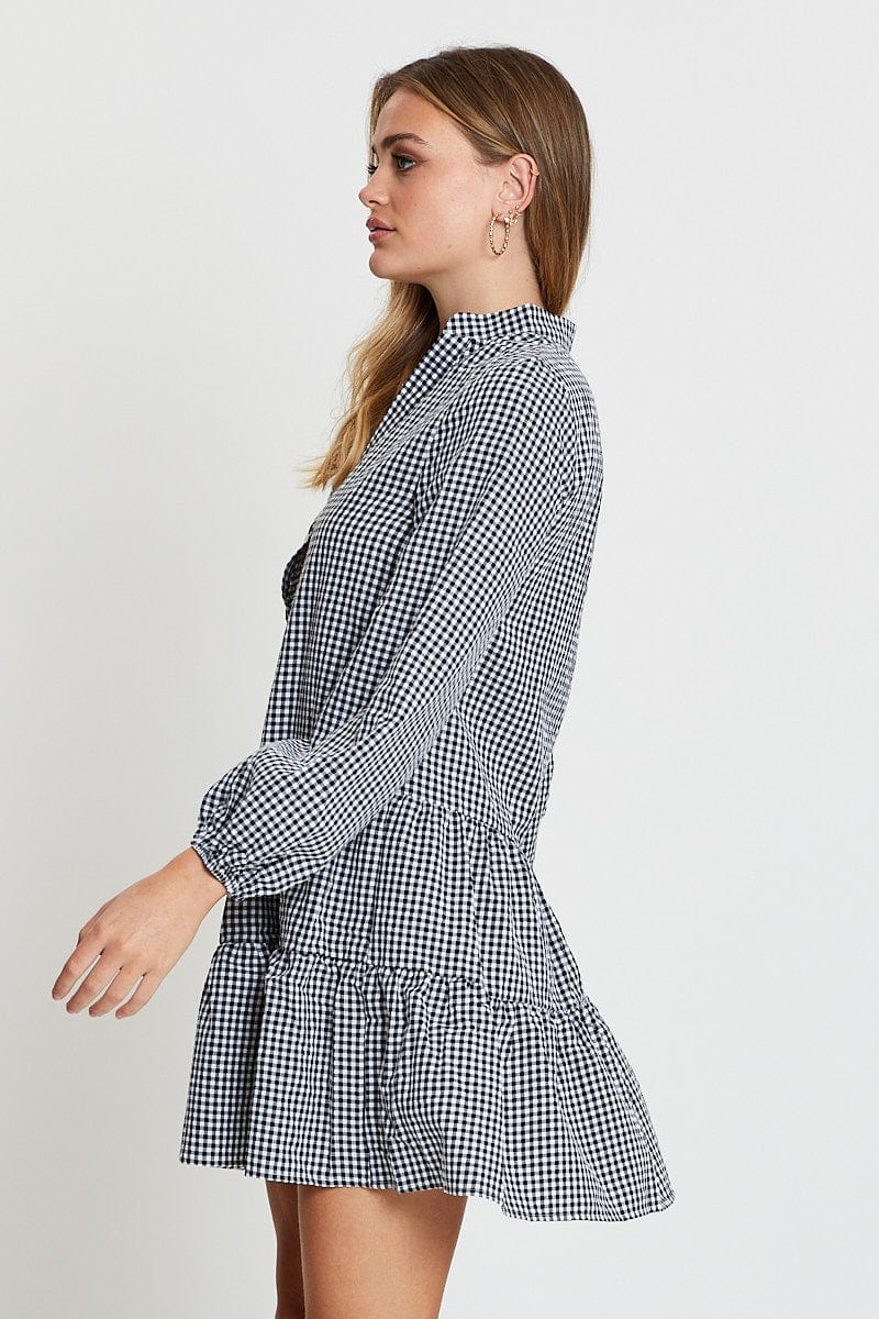 Check Shirt Dress Long Sleeve V Neck