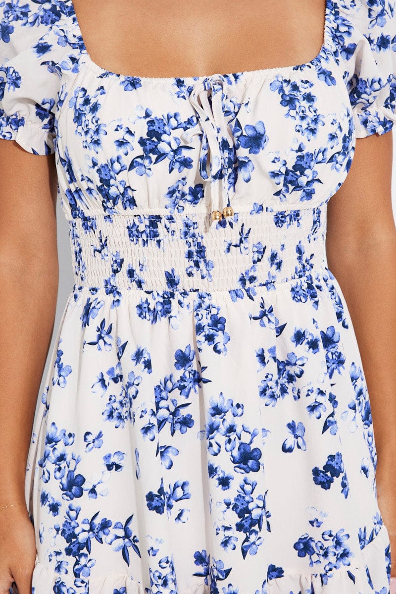 White Floral Fit And Flare Dress Puff Sleeve Mini
