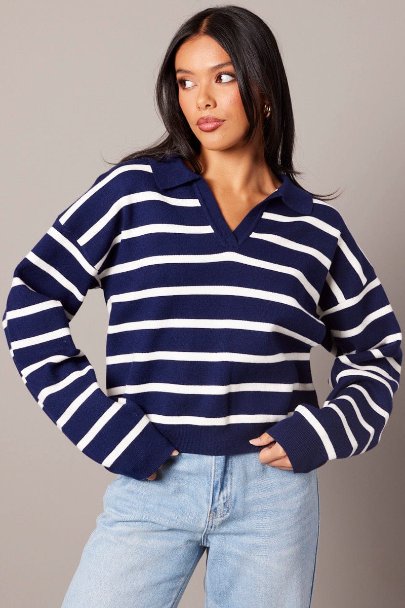 Blue Stripe Knit Top Long Sleeve Collar