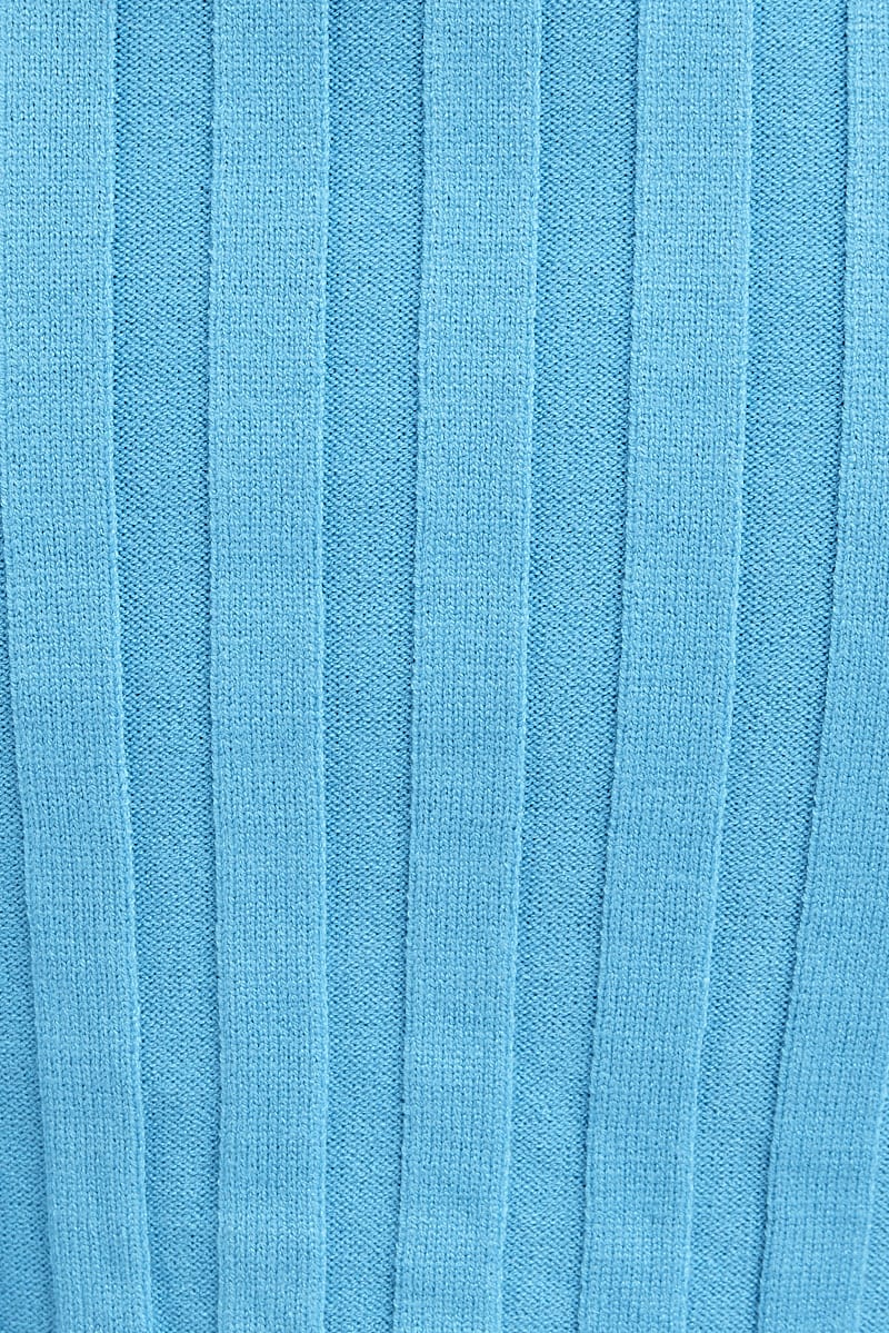 Blue Knit Top Long Sleeve Crop Collared