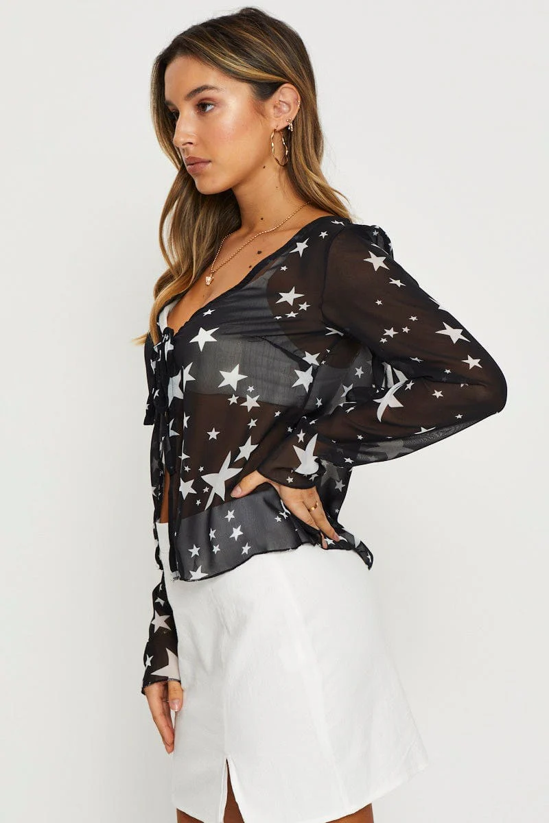 Print Sheer Top Long Sleeve