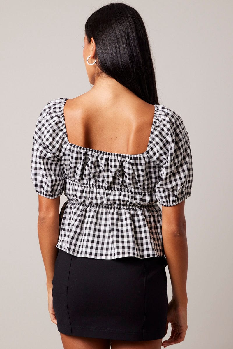 Yellow Check Ruched Peplum Top Short Sleeve