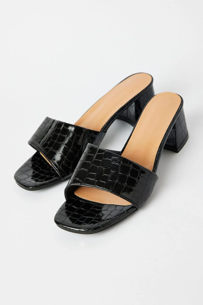 Black Chunky Heeled Mule Sandals