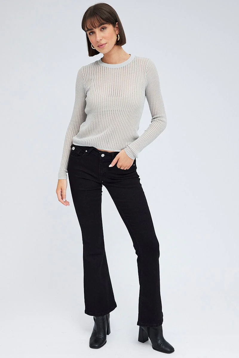 Grey Knit Top Long Sleeve Crew Neck