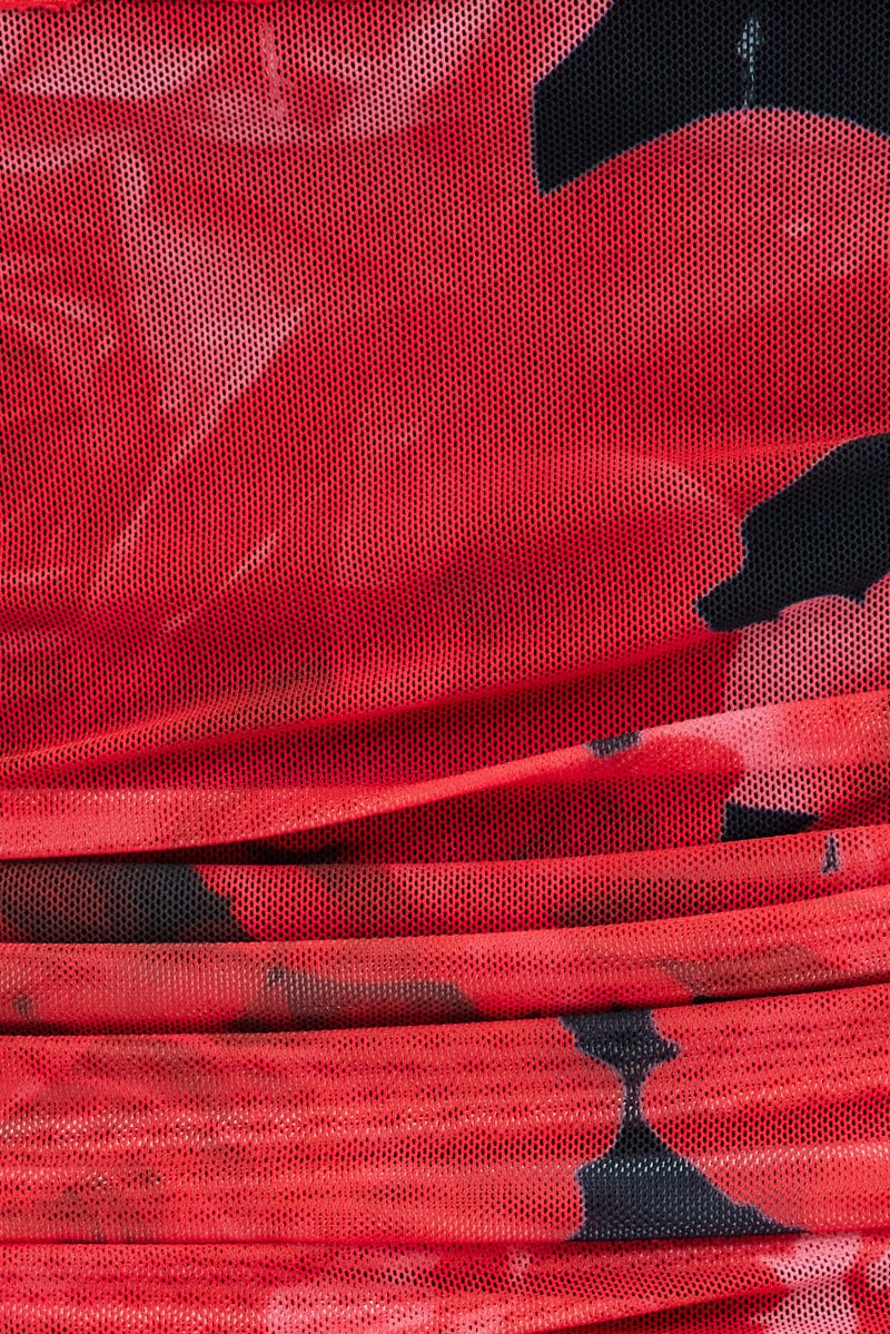 Red Abstract Singlet Lace Crop Top Ribbon Details