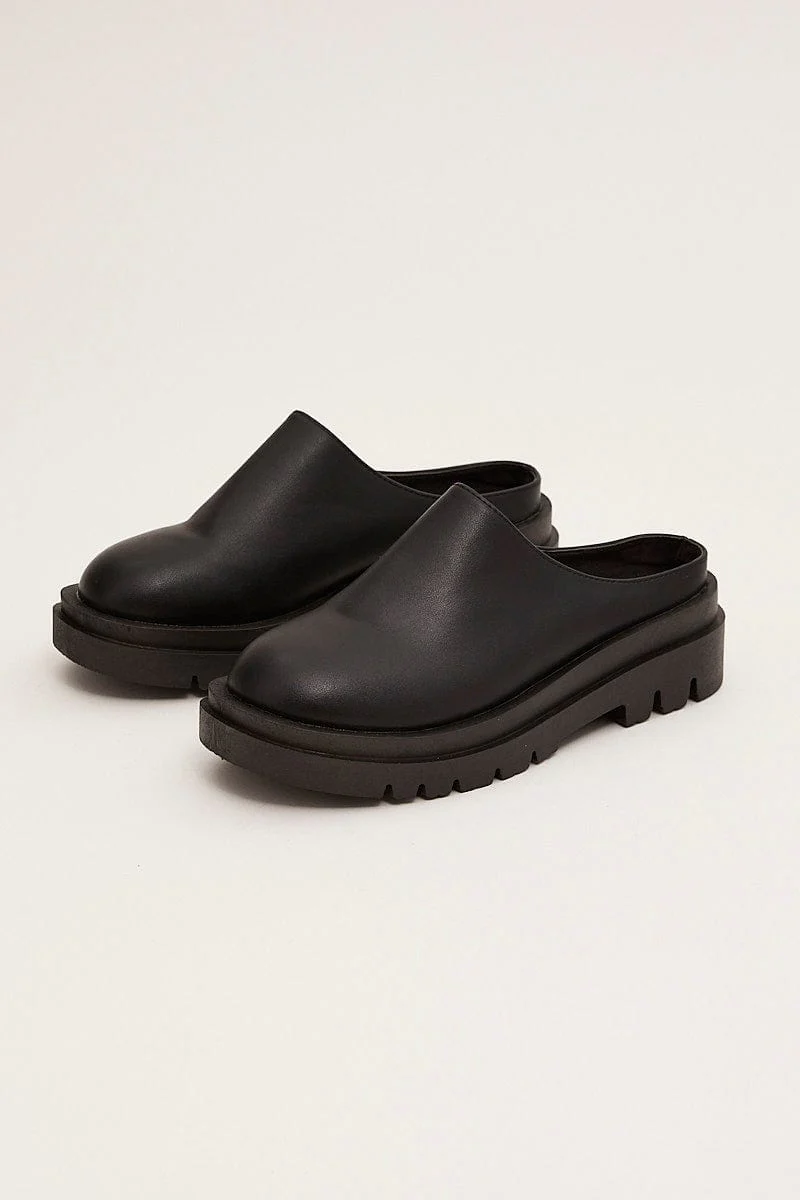 Black Chunky Sole Flat Mules
