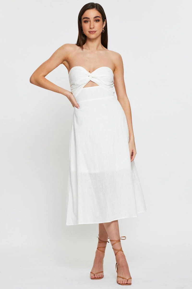 White Twist Front Bardot Midi Dress
