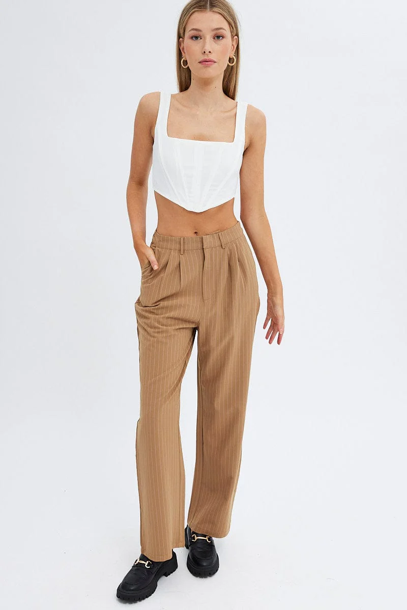 Blue Stripe Wide Leg Pants High Rise Pleated