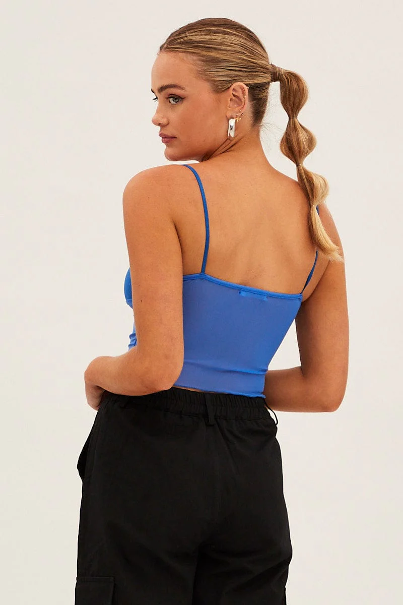 Blue Lace Trim Mesh Cami Top