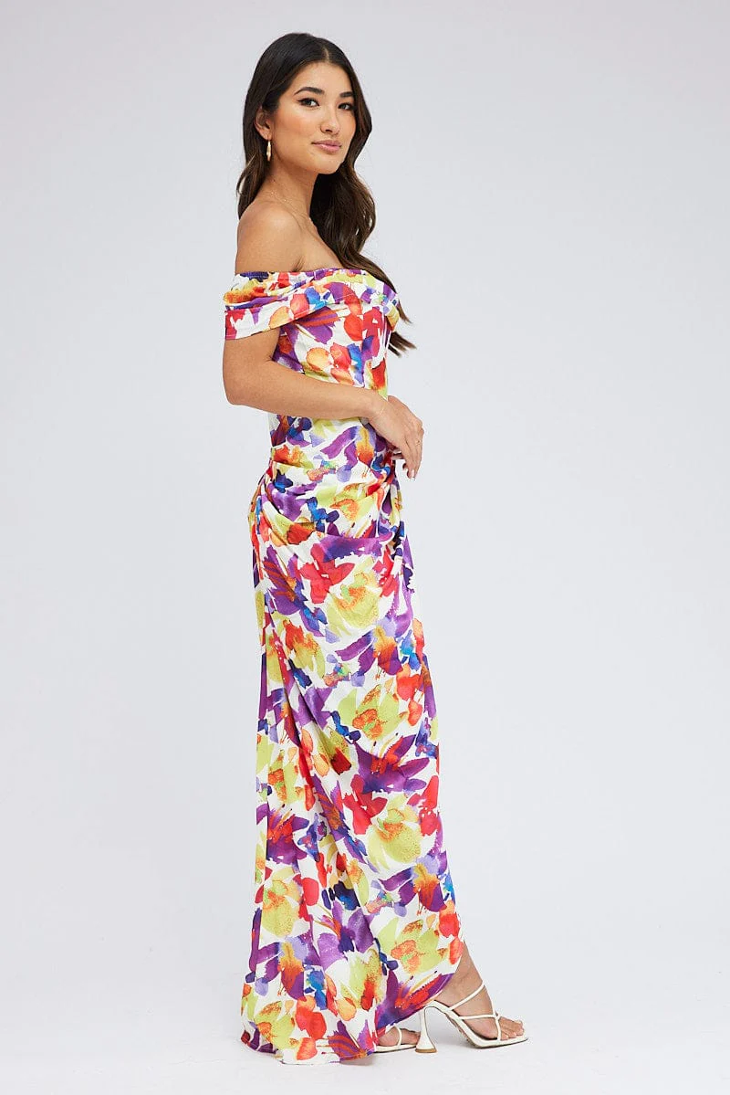 Multi Floral Bardot Dress Draped Midi Watercolour Print