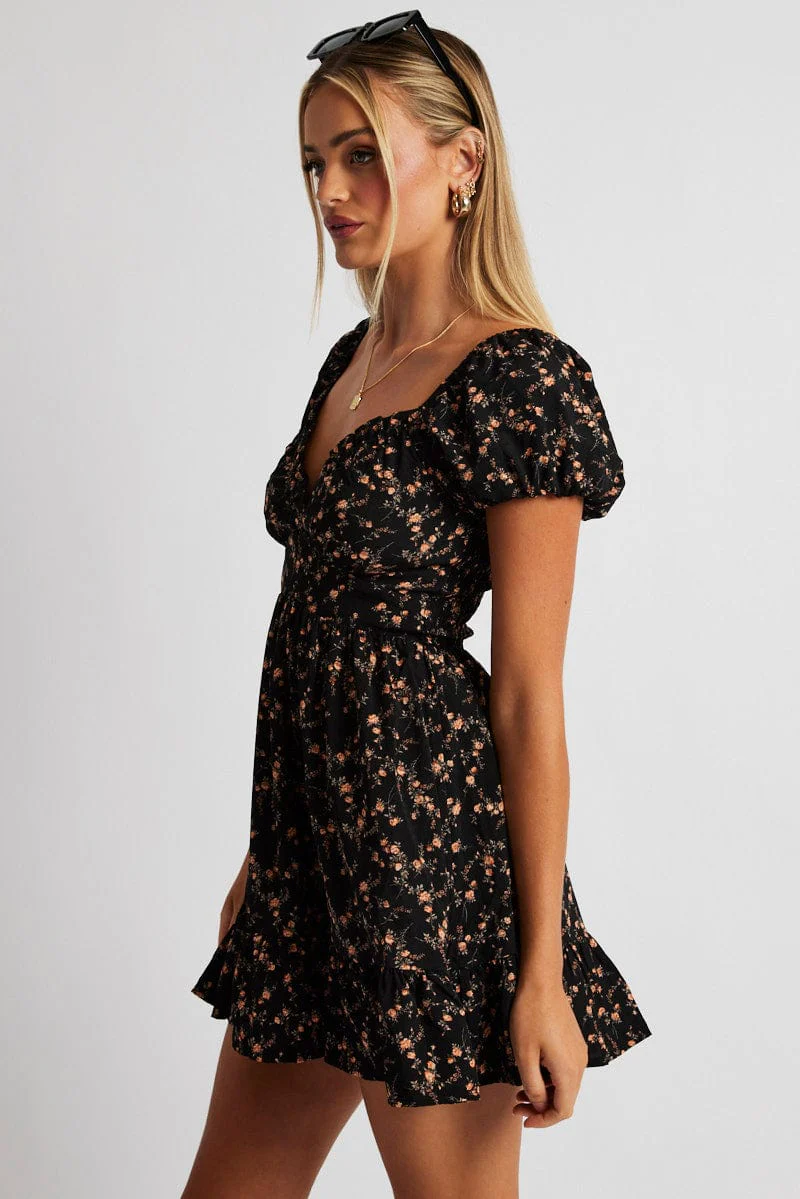Black Floral Fit And Flare Dress Puff Sleeve