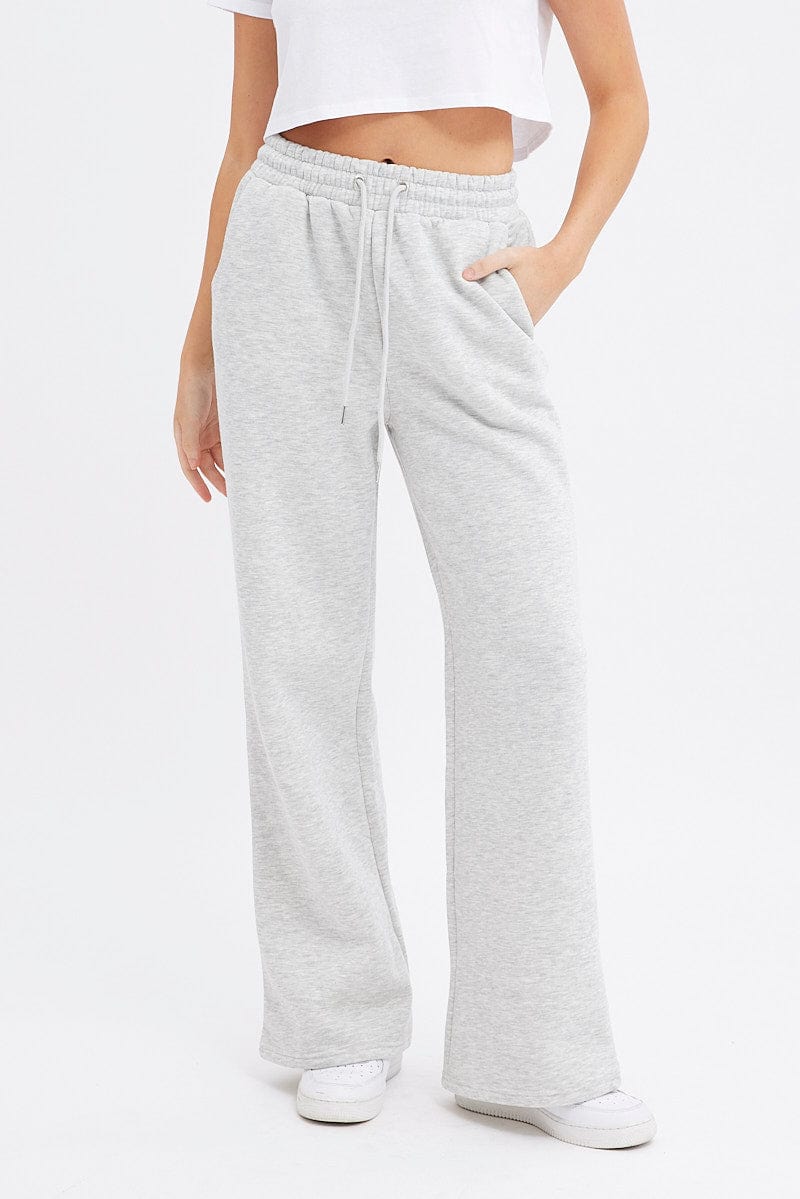 Grey Wide Leg Track Pants High Rise