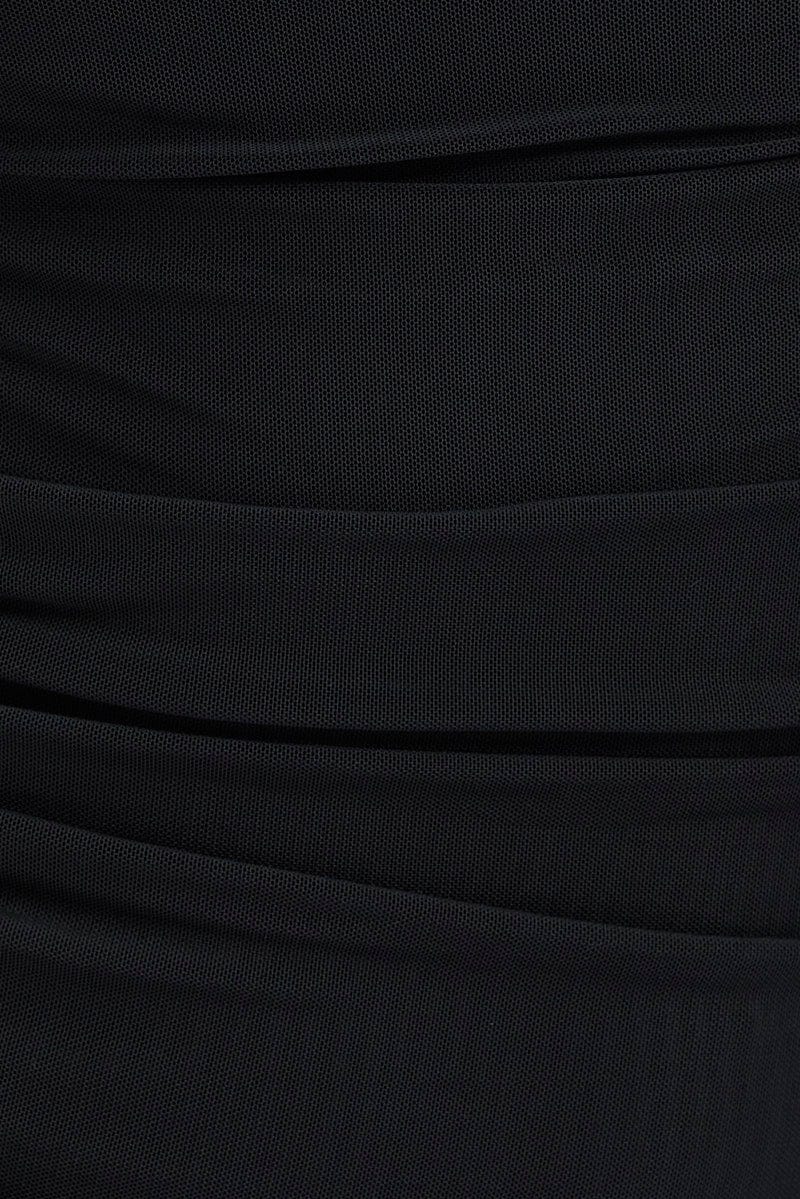 Black Midi Dress Long Sleeve Square Neck Ruched Bodycon