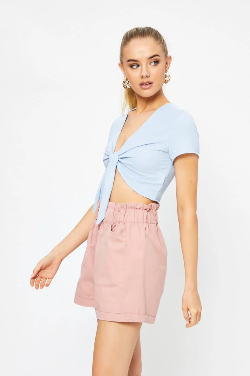 Blue Short Sleeve Textured Jersey Knot Front Crop Top