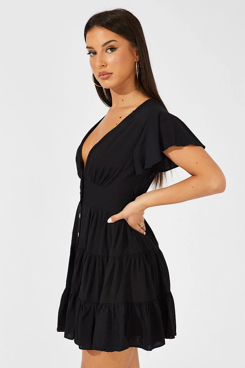 Black Fit And Flare Dress V-neck Mini