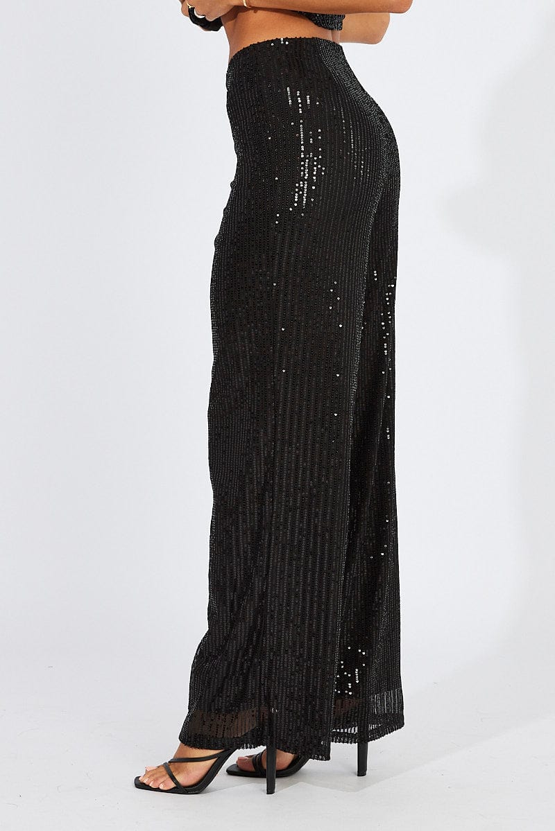 Black Wide Leg Pants High Rise Sequin