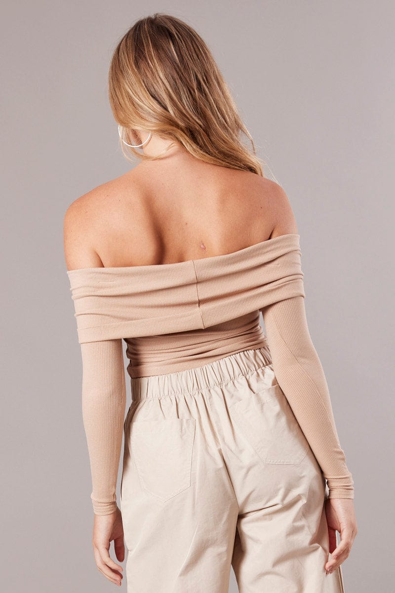 Brown Off Shoulder Top Long Sleeve