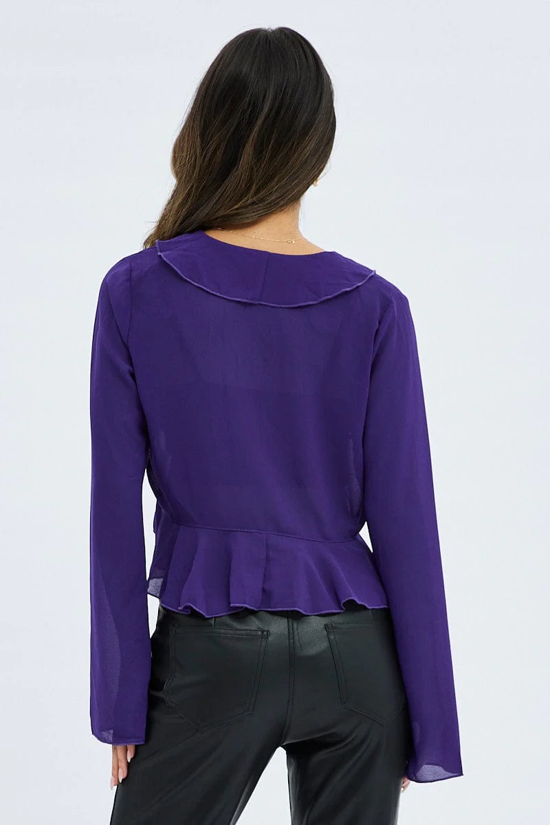 Purple Bolero Long Sleeve V Neck Ruffle Details Chiffon