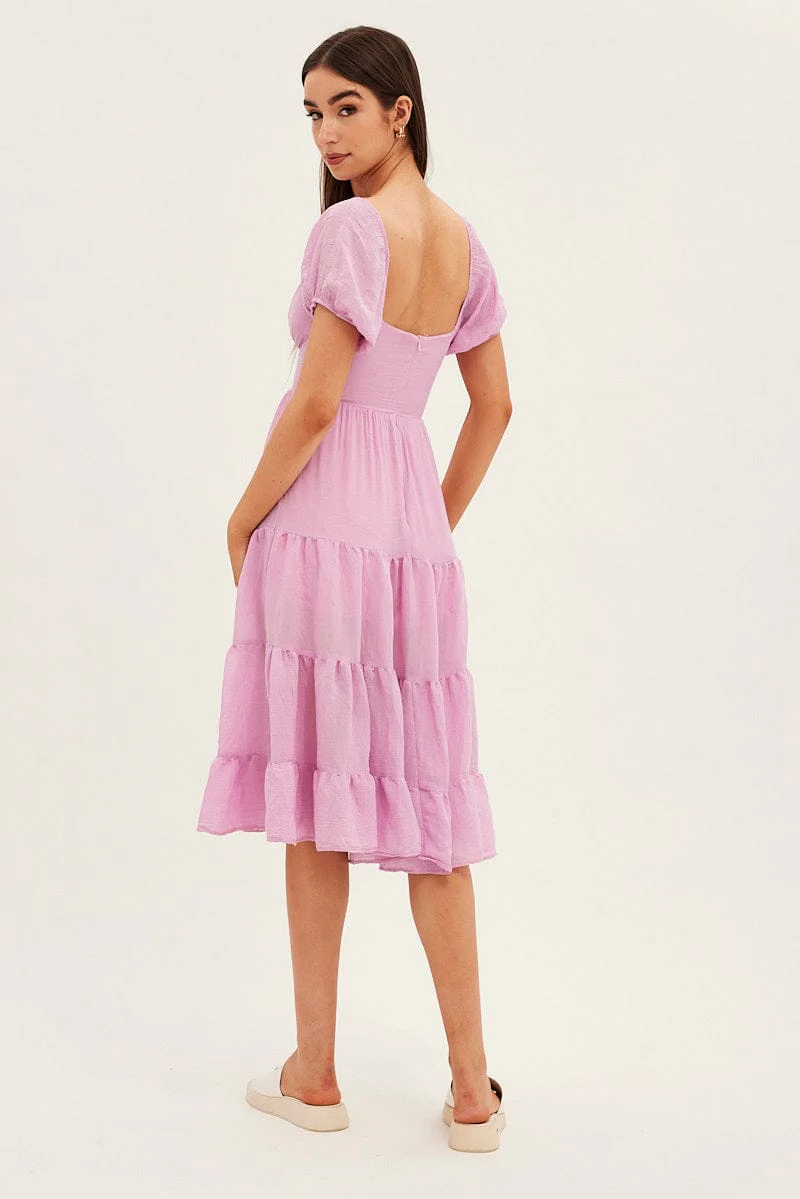 Pink Midi Dress Short Sleeve V-Neck