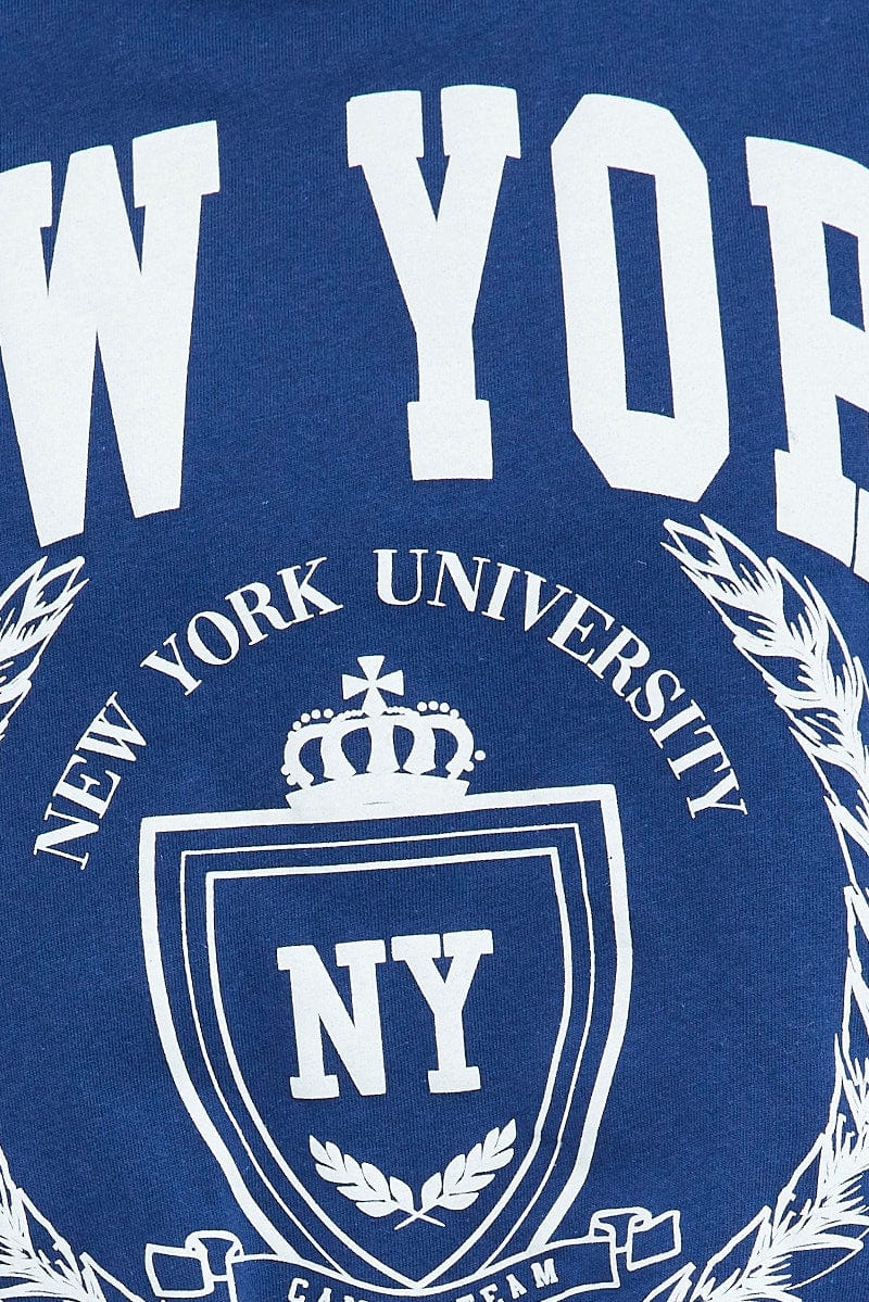Blue Crop T Shirt Short Sleeve Crew Neck New York