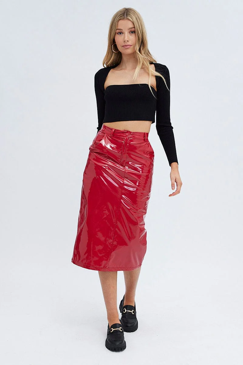 Red Midi Skirt High Rise Pencil PU Patent Faux Leather