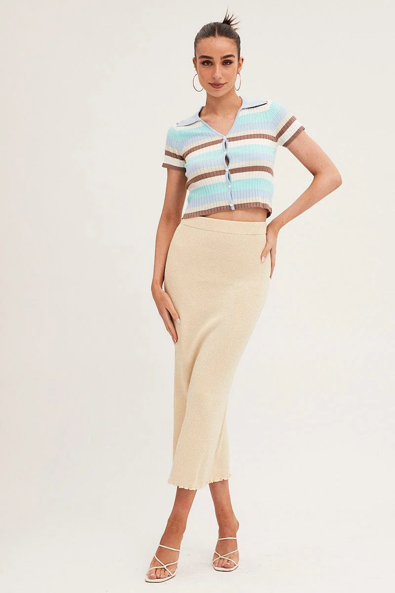Blue Stripe Crop Cardigan Short Sleeve Knit