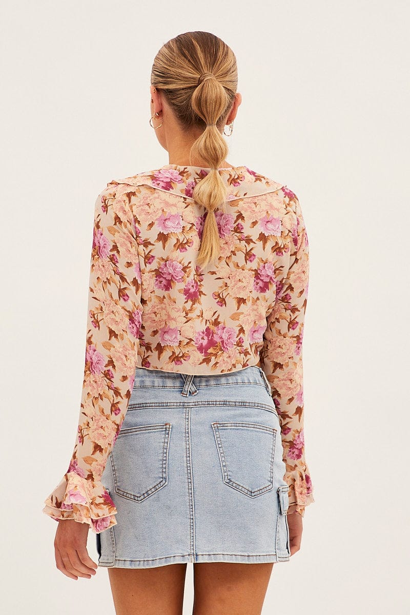 Print Print Chiffon Top Long Sleeve V Neck Frill