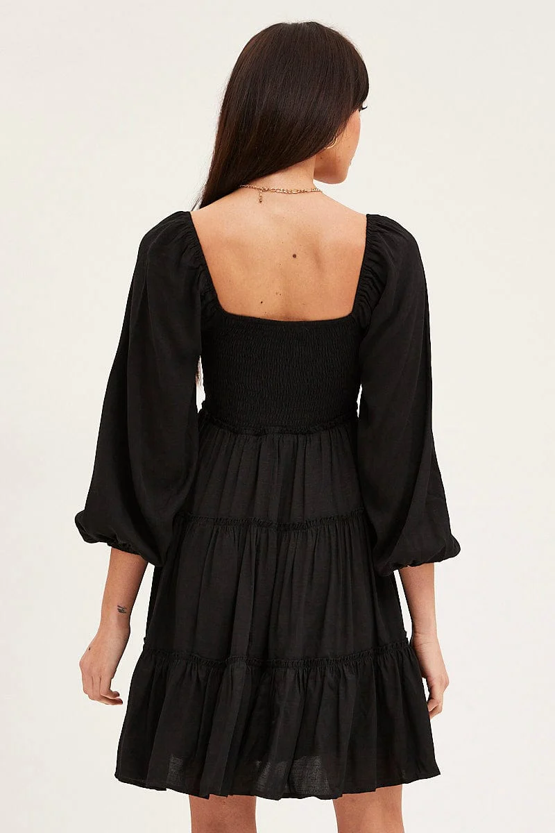Black Fit And Flare Dress Long Sleeve Square Neck