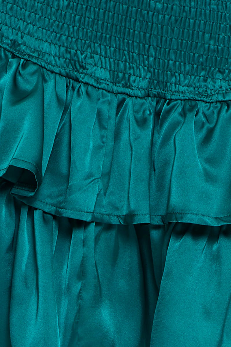 Green Mini Skirt Shirred Waist Satin