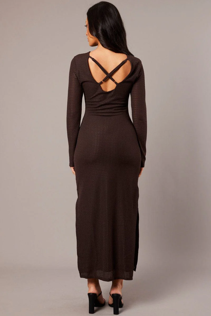 Brown Textured Dress Long Sleeve