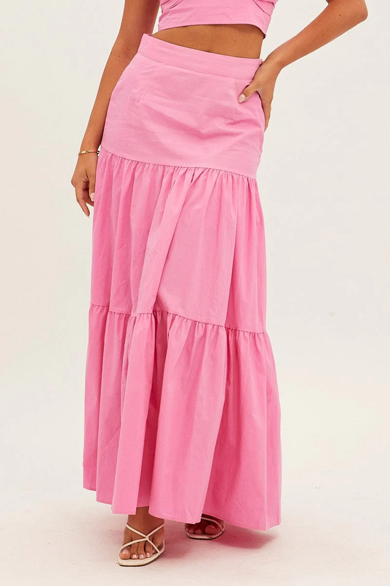 Pink Maxi Skirt High Rise Tiered