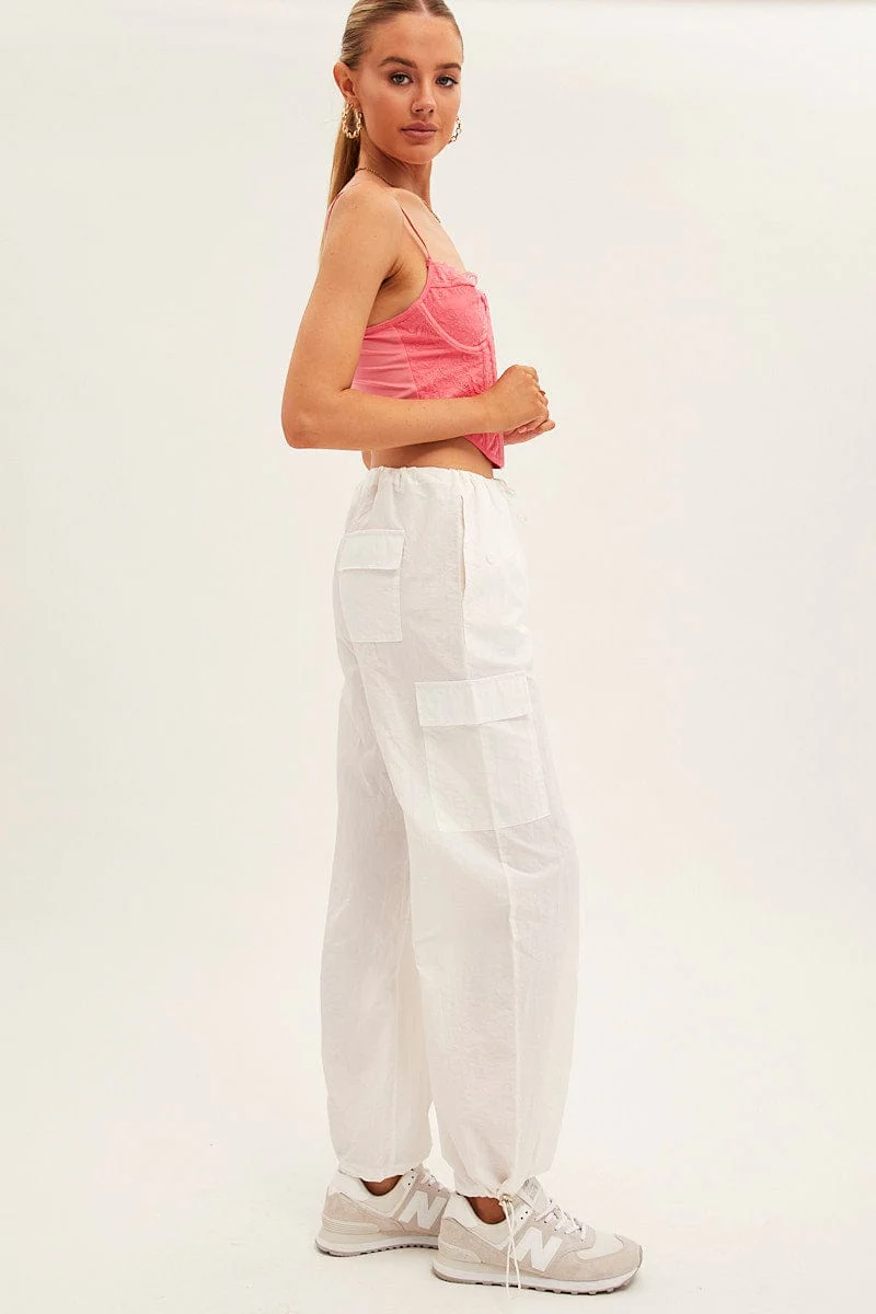 White Cargo Parachute Pants
